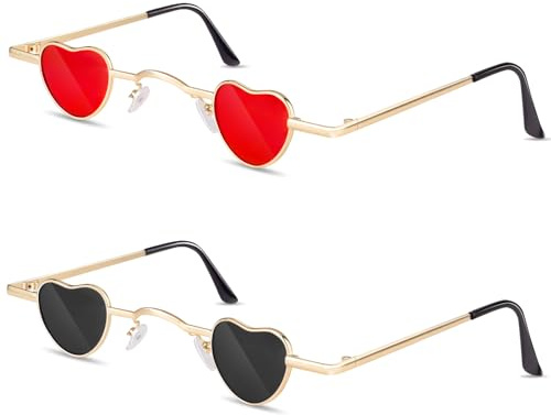 Kiiwah 2 Pares Gafas de Sol de Mini Corazon, Unisex Gafas Hippie Retro Gafas en Forma de Corazón Vintage para Mujere Hombre Fiesta Fotos Accesorios (Negro, Rojo)