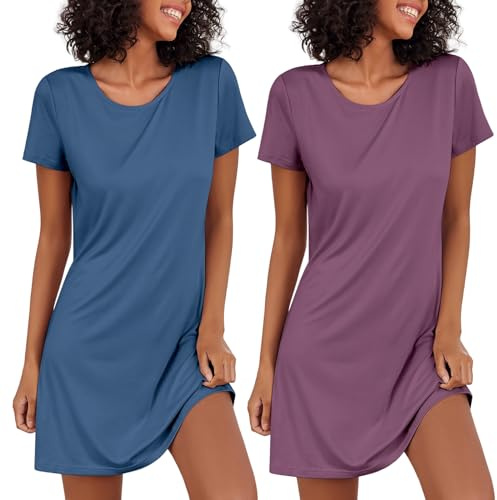 Ekouaer Nattlinne damer, tvådelad sovskjorta, kortärmade nattkläder, sovskjorta, lätt sovtröja, 2-pack, S–XXL