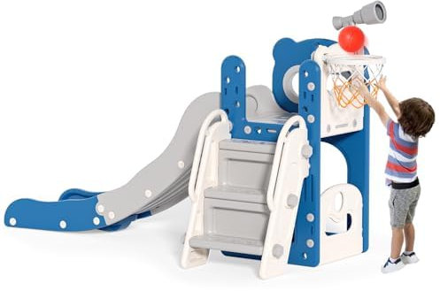 Kinderrutsche,extralange Rutschbahn,freistehende Kleinkindrutsche mit Basketballkorb, Kleinkindklettergerüst, Montessori Baby-Gartenrutschen-Spielset,für drinnen und draußen (Blau Grau-5 in 1)