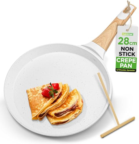 Nutrichef Crepe Pan Nonstick with Wooden Spreader, 28cm Durable Marble Coated Pancake Pans for Stove Top, Induction Ready, Bakelite and Wood Handle, Easy to Clean, White Cream Marble