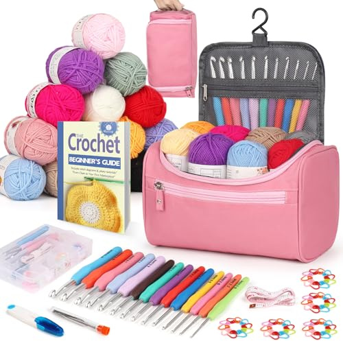 Reessy Crochet Kits for Beginners Adults, Complete Crochet Kits for Beginners Kids with 15Pcs Crochet Yarn Ergonomic Crochet Hooks Crochet Bag, Beginner Crochet Kit Crochet Starter Kit UK- Pink
