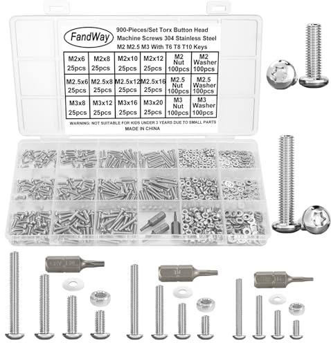 FandWay 900Pcs Bolts and Nuts Set,M2 M2.5 M3 Torx Button Head Machine Screws,Pan Head Torx Screws,304 Stainless Steel Bolts and Washers Set Fully Threaded With T6 T8 T10 Wrench.