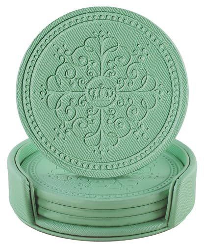 ABCHCHS Coasters Set of 4 - PU Leather Coasters for Drinks with Holder - Green Handmade Round Drinks Set for Home Decor and Housewarming Gift