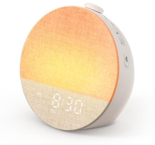 Dreamegg Sunrise Alarm Clock, Väckarklocka med Favoritläge, Vit Brusmaskin 29 Ljud, 10 färger, justerbart nattljus och display, 6 larm och snooze, timer 5–180 min