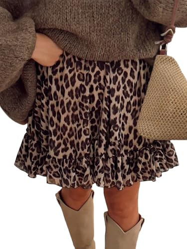 SOLY HUX Gonna da donna con linea ad A, motivo leopardato, gonna estiva con volant, gonna corta, per il tempo libero, mini gonna casual, gonna da spiaggia, per feste estive, leo, XXL
