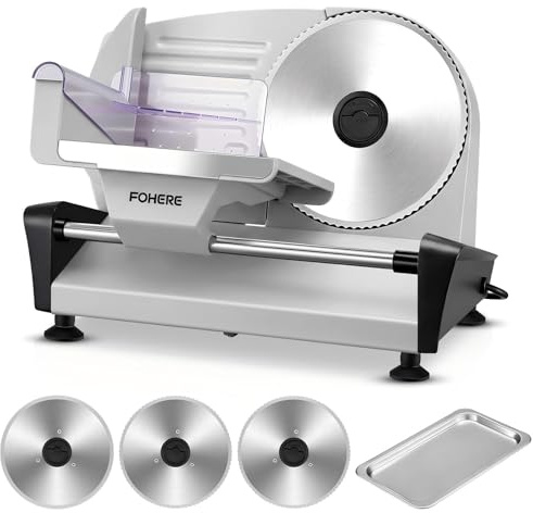 FOHERE Affettatrice Elettrica da Casa 250W, 3 Lame in Acciaio Inox con Diametro di 19 cm, Affettatrice Professionale Per Prosciutto, Spessore Regolabile 0-15mm Per Carne Formaggio Pane