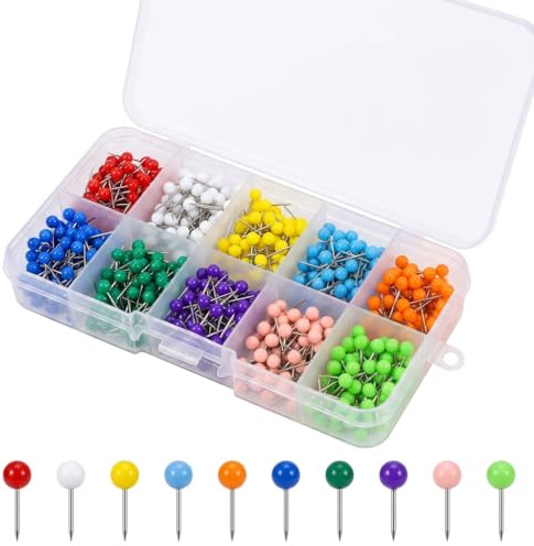 LUCTHY 600 PCS Coloured Push Pins, 10 Colours, Round Head Drawing Pins | 600 cork board pins in 10 colours. Stainless steel. Thumb tacks for notice boards, cork boards, wall maps
