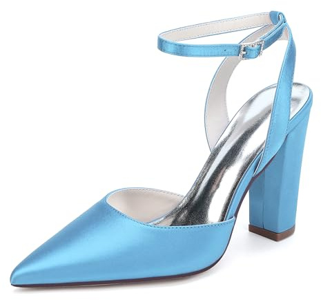 HFWXYSA Escarpins Femme Satin Bout Pointu Talon Bloc Bride Cheville Chaussures Mariage Demoiselle Honneur Soiree Bal,Sky Blue,36 EU