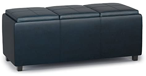 SIMPLIHOME Avalon Storage Ottoman - 42 inch Wide Upholstered Vegan Leather Rectangular Flip-Top Ottoman in Distressed Dark Blue, Contemporary Coffee Table Ottoman for Living Room with Hidden Storage