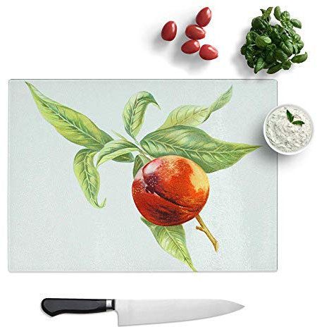 Glass Chopping Board - Vintage Peach Illustration of a Nectarine - Textured Worktop Saver Cutting Board - Heat Resistant, Shatterproof and Hygenic - 39 x 28.5 cm
