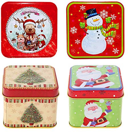 Gukasxi Caja de lata de Navidad,4 piezas caja de dulces de almacenamiento de lata cuadrada de Navidad,cajas de almacenamiento de pasteles de latas de galletas para la decoración de la mesa de Navidad