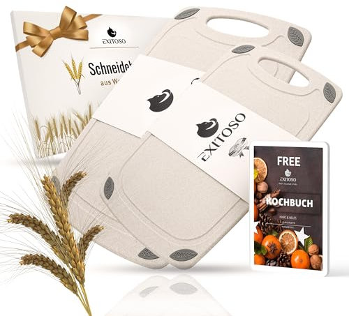EXITOSO Schneidebrett Rutschfest Spülmaschinenfest 2er Set mit Weizenstroh - Schneidebretter Jausenbrett Spülmaschinenfest Küchenbretter - Schneideunterlage Bretter Küche Board - Frühstücksbrettchen