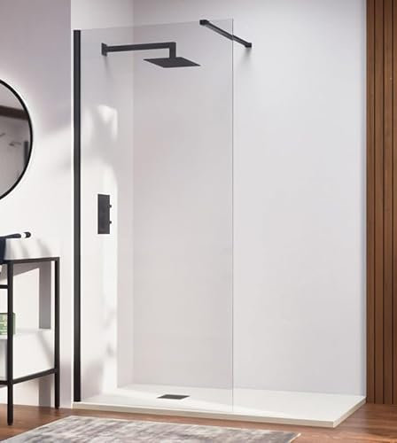 Mampara de ducha frontal panel fijo - Transparente - Cristal templado 8 mm Antical - Perfilería Negra Mate - Ancho adaptable 98-100 cm - Alto 195 cm