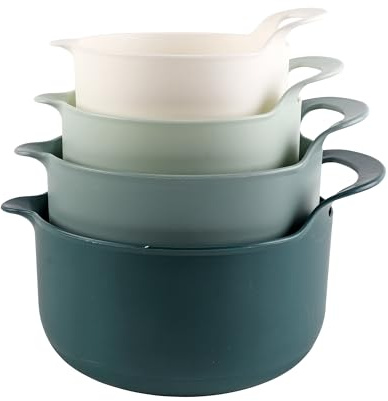 COOK WITH COLOR Non-Slip Mixing Bowls - 4 Piece Nesting Plastic Mixing Bowl Set with Pour Spouts and Handles-Measurement Markings (Green)