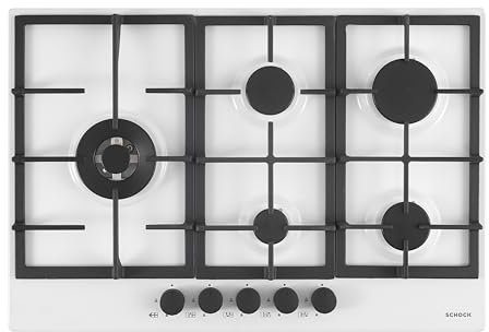 SCHOCK Placa de cocción de 5 fuegos de gas profesional PC75 con mandos negros opacos Soft Touch, rejillas de hierro fundido, válvulas de seguridad, blanco mate, 740 x 500 mm