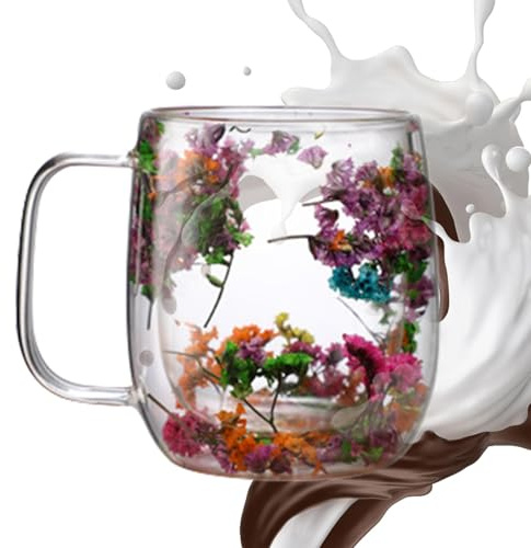 Tazza da tè in vetro con fiori secchi a doppia parete - Bicchiere da bevanda in vetro per tè, caffè, cappuccino, bevande fredde | Elegante tazza da tè floreale per bevande calde e ghiacciate, Coppa a