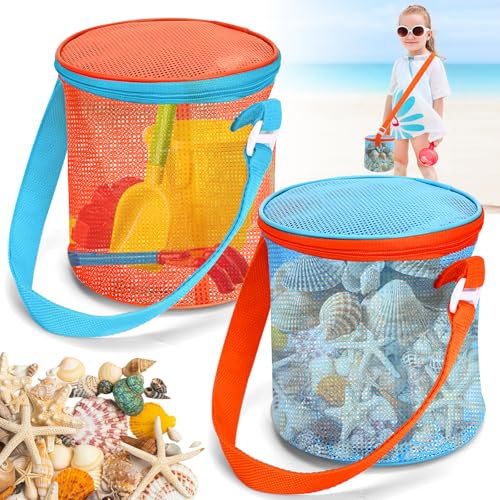 Vodolo Sea Shell Bags for Beach,2pcs Mesh Seashell Holder,Shelling Collecting Tools Travel Sand Toys Storage Bucket for Sandbox,Beach Vacation Essentials for Kids,The Beach Must Haves Sand Box Toy Bag