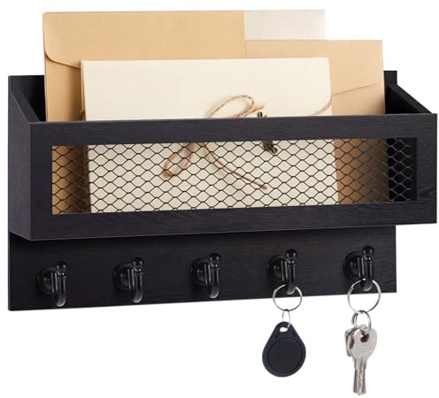Colingmill Magnetic Mail and Key Holder with 5 Hooks for Wall, Black