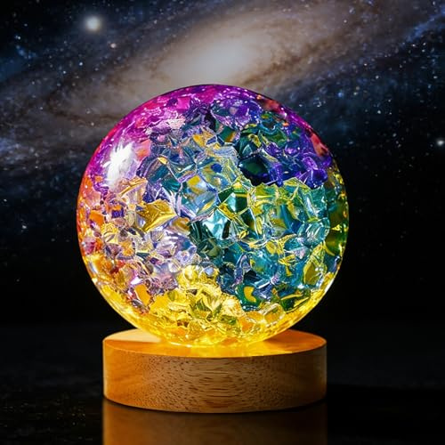 KANPURA 100mm Colorful Cracked Crystal Ball Night Light Wood Base Decor | Colorful Cracked Crystal Glass Sphere Night Light with Wooden Base for Meditation Feng Shui Home Office Room Table Decor Gift