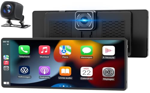 Pantalla Coche, 10.26 Pantalla Carplay Coche para Apple y Android con Cámara Trasera y Delantera HD 1080P, Navegación GPS, Sonido Premium, Control por Voz, Encendedor de Coche de Doble Puerto