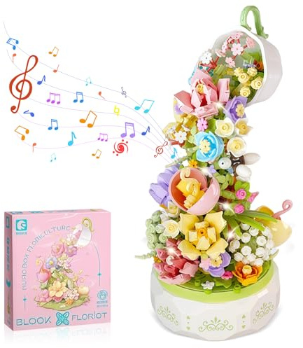 Focenat Kit de Jouet de Construction Musical de Fleurs avec lumière LED, Fleurs Boîte à Musique Rotative, 575 Pz Blocs de Construction de Fleurs, DIY Blocs de Construction Collection Enfants Décor