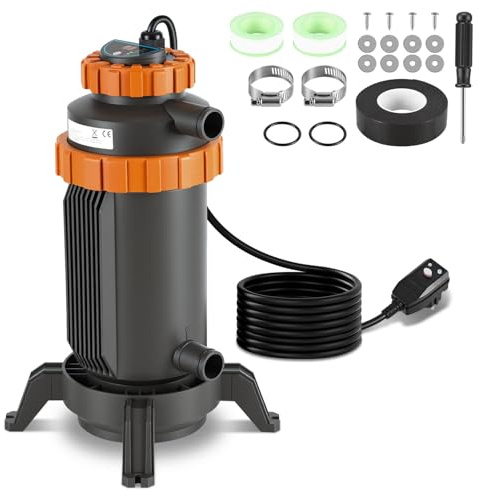 Peviasot Riscaldatore per piscina Ø 17 x 42 cm, riscaldatore per acqua calda per piscine, riscaldatore per piscina con display digitale e accumulo automatico del calore, attacco 32-38mm, riscaldatori