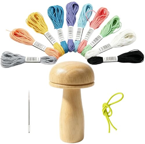 FTISSLY Kit per Rammendare Funghi in Legno con 1 Fili Colorati e 1 Aghi da Cucito, Knit Patch Kit Mini Telai per Rammendo Portable Mending Kit With Hooks per Maglioni, Sciarpe, Cappelli, Fai da Te