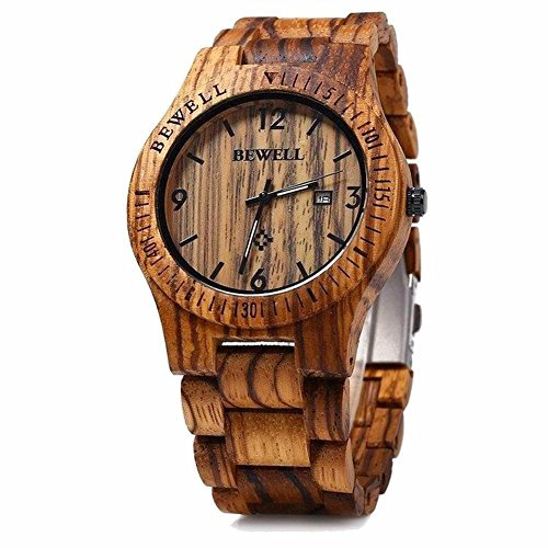 BEWELL Reloj de madera hecho a mano, deportivo, para hombre, analógico, de cuarzo, ligero, hecho a mano, reloj de pulsera de madera, minimalista