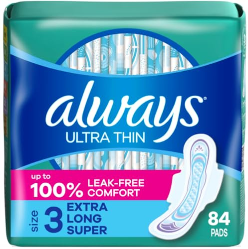 Always Ultra Thin Feminine Pads with Wings for Women, Size 3, Extra Long Super Absorbency, Unscented, Up to 100% Leak-Free Protection, 84 Count Total