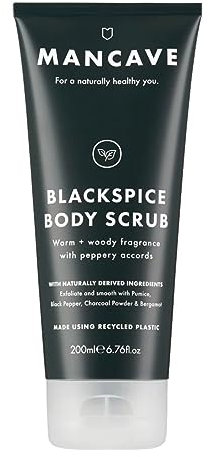 ManCave Blackspice - Scrub per il corpo da uomo, 200 ml, aroma caldo e legnoso, esfoliare e detergere la pelle con pomice e polvere di carbone, formula naturale, vegano, prodotto in Inghilterra