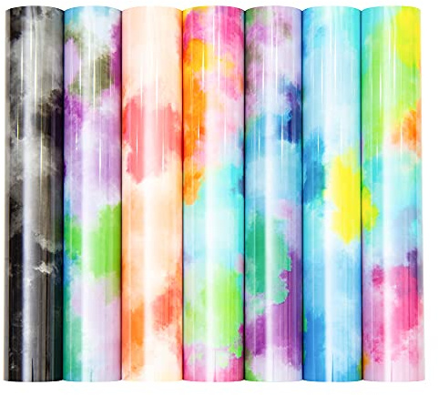 Mabende Tie Dye Heat Transfer Vinyl 12 x 10 Inch, 7 Pcs PU Clouds Watercolor Vinyl Bundle, Rainbow Color Patterned HTV Transfer Iron-on Vinyl for DIY Art Crafts Fabric(Tie Dye Series)