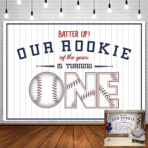 SENDY Baseball 1st Birthday Backdrop for Boy Our Rookie of The Year is Turning One Party Decorations Supplies Sports Ball White Stripe Photo Photography Background Banner Props Supplies 7x5ft