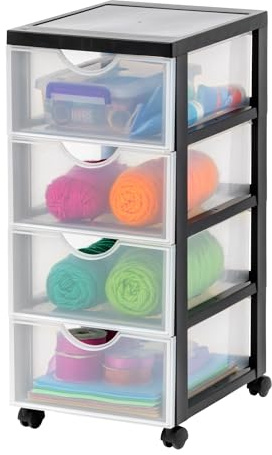 Iris Ohyama Kunststoff-Schubladenbox mit Rollen, 4 flachen Schubladen, Schwarz, Griffe zum Ziehen, Für Schlafzimmer, Schule & Büro, BPA-frei, Schubladenschrank, Rollcontainer, A4 Drawer, DDDC-004