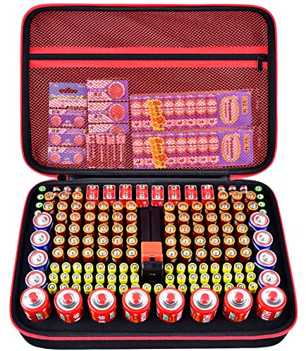 Batteriförvaringslåda med testare - 162 batterier Variety Pack Container innehåller AA AAA 4A C D 9 V 3 V litiumbatterier LR44 CR2 CR123 CR1632 CR2032 18650 knappcell (endast låda)