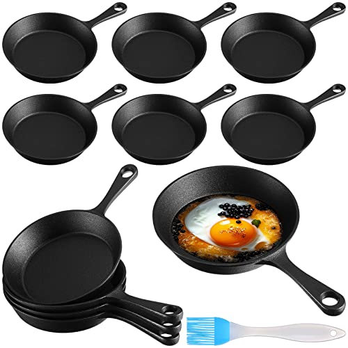 Skylety 10 Sets 6. 3 Inches Mini Cast Iron Skillets Small Black Sizzling Plate Cast Iron Skillets Frying Pan Set with Oil Brush for Indoor Outdoor Restaurant Kitchen