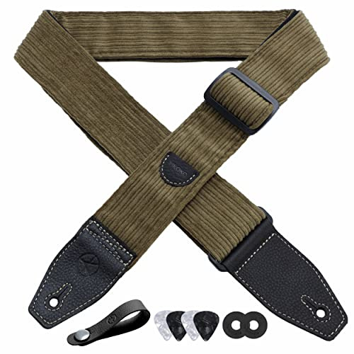YIKOKO Correa de guitarra de pana de 2 pulgadas con extremo de cuero de grano completo, para bajo eléctrico y guitarras acústicas, botón de correa gratis, 2 cierres de correa y 4 púas de guitarra