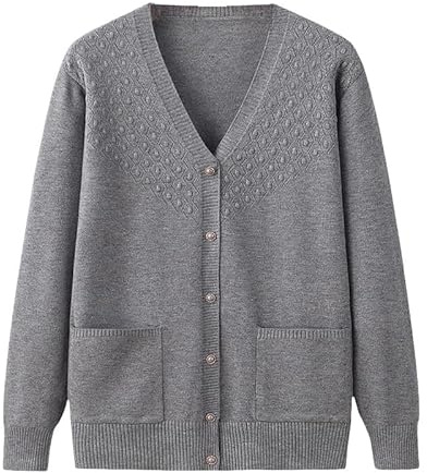 Générique Cardigan Tricoté pour Personnes Âgées Et D'Âge Moyen Grand-Mère Porter Un Cardigan en Tricot Côtelé à Col en V avec Poche Vêtements pour Mères Manteau Pull Chaud Veste Printemps