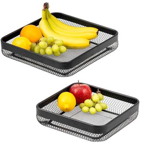 eluno Obstkorb, Brotkorb 2er Set, moderne eckige Obstschalen, Drahtkörbe in zwei Größen, ideal geeignet für Obst, Gemüse, Brot und Snacks in Küche und Wohnzimmer aus schwarzem Metall