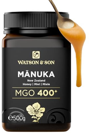 Watson & Son Miel de Manuka Pura MGO 400+ (500g) – Miel Cruda sin Filtrar de Nueva Zelanda, Natural sin Pasteurizar