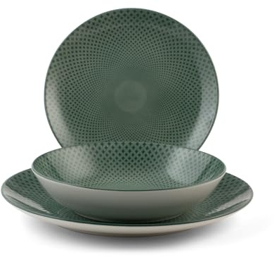 H&H, Servizio Tavola Aurora 18 Pezzi in Porcellana Verde – Piatti Piani, Fondi e Frutta, Adatto per Lavastoviglie e Microonde