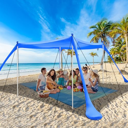 Riggoo tienda de playa 3 × 3 m, SPF 50+, toldo con pala de arena, piquetas y barras de estabilidad, protección contra el viento y solar, camping, pesca, diversión