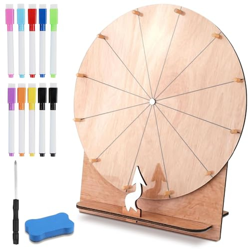 WDKXCN Ruleta De La Suerte, Ruleta Giratoria, Comprar Rueda De La Fortuna con 10 Rotuladores, Goma De Borrar y Destornillador, Rueda de La Fortuna De Madera para Juegos De Palabras, Año Nuevo, Fiesta