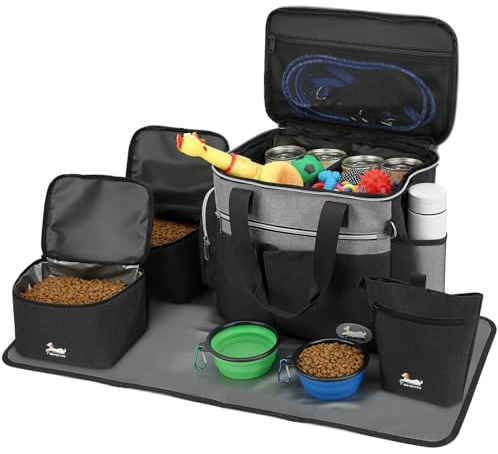 TAIHOYIN Bolsa de Viaje para Perros Portátil Kit Completo de Accesorios (7 Piezas) con 2 Bolsas para Comida +2 Cuencos Plegables + Alfombrilla +1 Bolsa de Golosinaspara para Uso en Exteriores, Negro