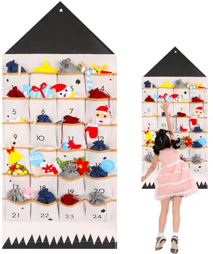 Christmas Advent Calendar, Fabric Advent Calendar with 4 by 4 Pockets, DIY Empty Christmas Countdown Calendars to Fill Small Gifts by Yourself, Modern Interior Hanging Storage (Black)