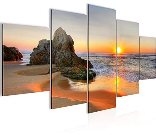 Runa Art Lever Du Soleil Plage Tableau Murale Impression sur Toile Intissee 5 Parties Dunes De Sable Panorama Orange Chambre Salle 609553a