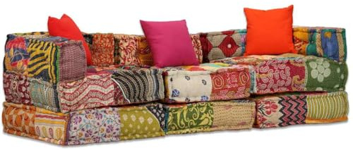 vidaXL Puf Modular de 3 Plazas de Tela Patchwork Mobiliario Hogar Mobiliario