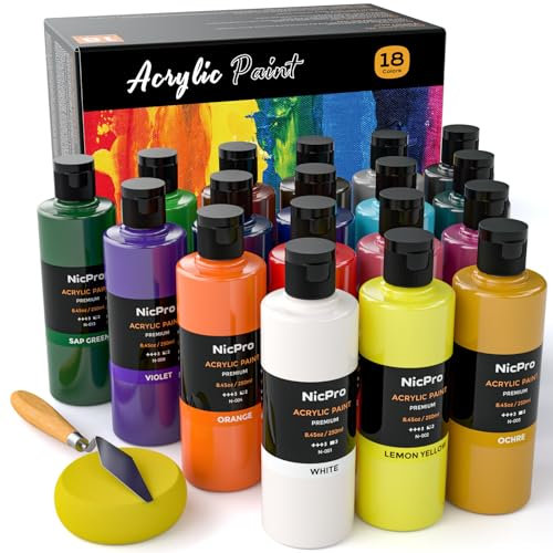 Nicpro 18 Colors Large Acrylic Paint Set, Acrylic Paints 8.45oz/ 250ml Artist Painting Supplies Bulk Non-Toxic For Multi Surface Canvas, Wood, Fabric, Leather, Paper, Crafts, Hobby with Color Wheel