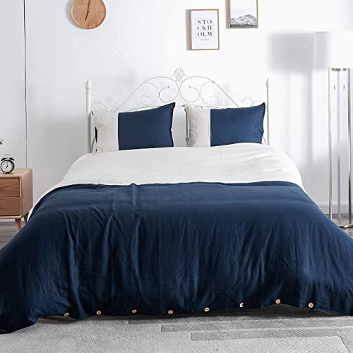 Howdy Deco Set di biancheria da letto king size in puro lino francese 100% morbido e organico, traspirante, con chiusura a bottone (blu, 1 copripiumino in lino, 2 federe per cuscini)