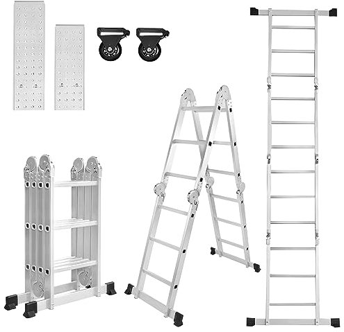 ACXIN 7 i 1 multifunktionsstege, 340 cm aluminiumstege, fällbar stege, stegstege med plattform och hjul, 4 x 3 steg, arbetsplattform, skjutstege för hem, verkstad (silver)