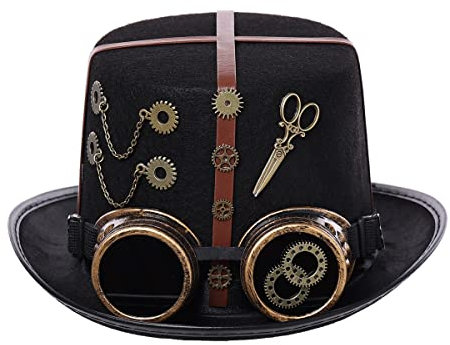 Vintage Steampunk Gear Zylinder Hut mit Brille Schere für Damen Herren Halloween Kostüm Hüte Karneval Kopfbedeckung Zubehör(58cm/22,83 inches, schwarz)